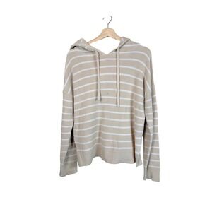 GAP Tan White Striped Cotton Knit Hoodie Sweater Pullover Casual Size M